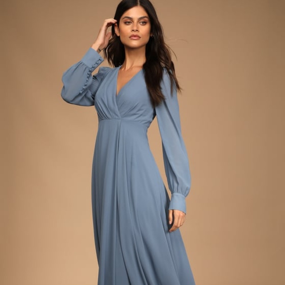 Lulus Slate Blue Long Sleeve Maxi Dress